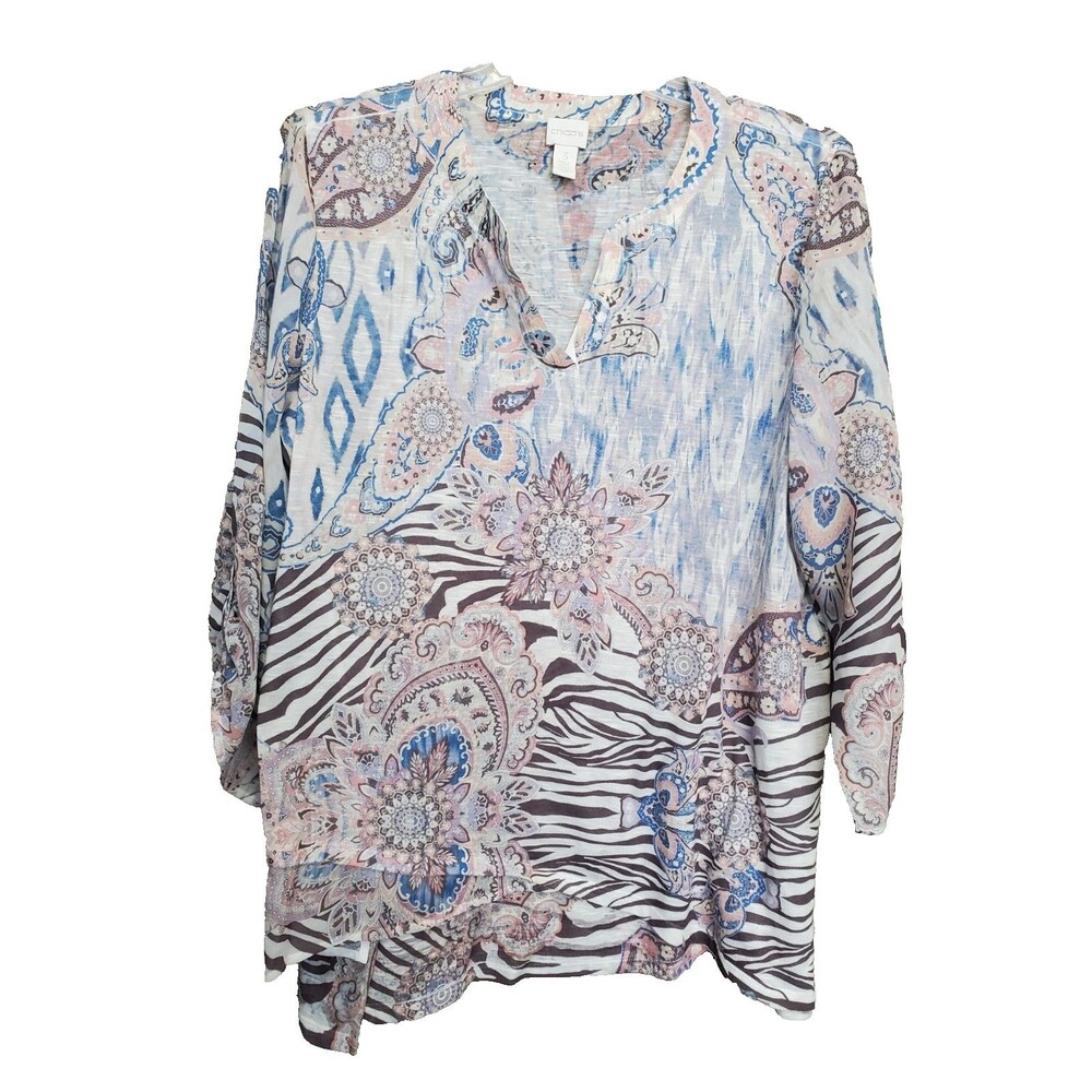 Chico' Mixed Media Mixed Print Crossover Asymmetric Hem Split Neck Tunic 3 (XL)